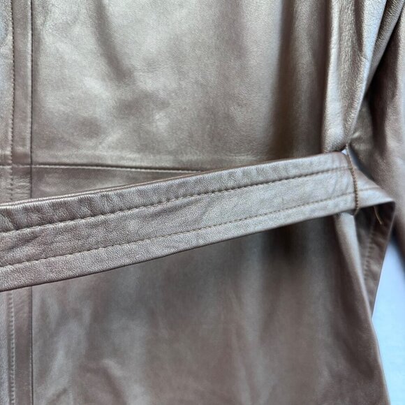 Express Vintage Leather Long Jacket Womens Size 13/14 Gold Bronze Waist Tie - Picture 15 of 16